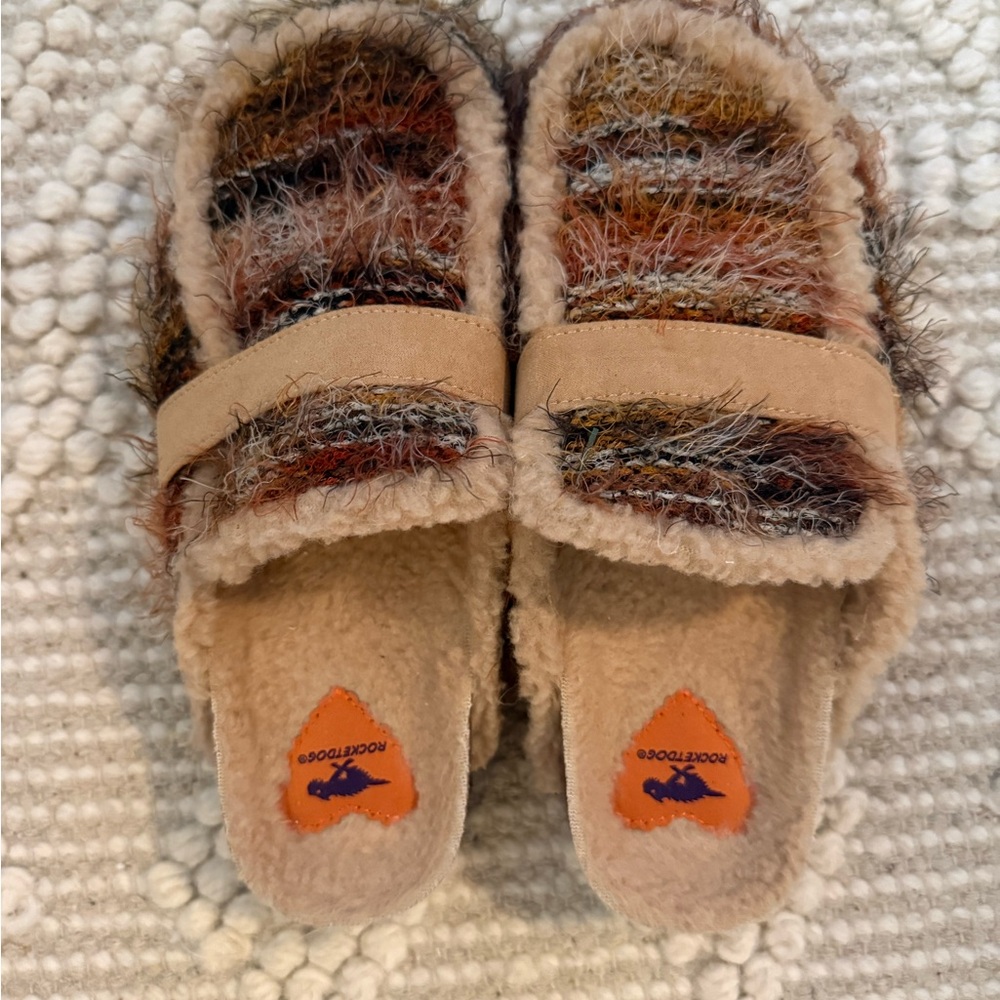 Rocket Dog Multicolor Fuzzy Slip-On Mules with Tan Trim